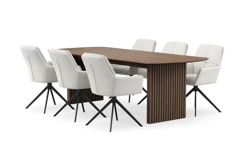 Richeto Spisegruppe 240 cm med 6 Torsby Snurrestoler, Røkt eik/Lys beige