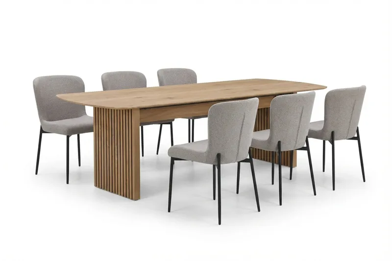 Richeto Spisegruppe Eik 210 cm med 6 Elsie Spisestoler, Eik/Lys grå