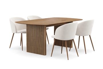 Richeto spisegruppe med 4 Greya spisestoler med armlener - Naturlig finish / hvit bouclé - Møbler - Bord - Spisegruppe