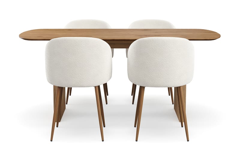 Richeto Spisegruppe med 4 Greya Spisestoler med Armlener, Naturlig Finish/Hvit Bouclé