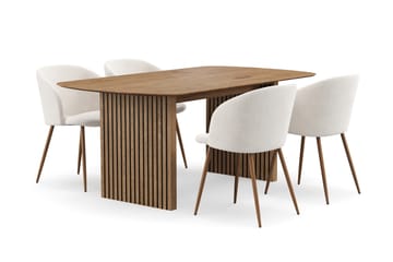 Richeto Spisegruppe med 4 Greya Spisestoler med Armlener - Naturlig Finish/Hvit Bouclé - Møbler - Bord - Spisegruppe