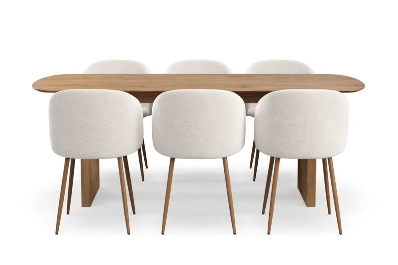 Richeto spisegruppe med 6 Greya spisestoler med armlener, Naturlig finish / hvit bouclé