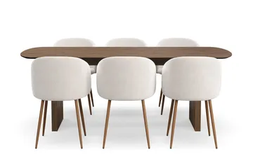 Richeto spisegruppe med 6 Greya spisestoler med armlener - Naturlig finish / hvit bouclé - Møbler - Bord - Spisegruppe