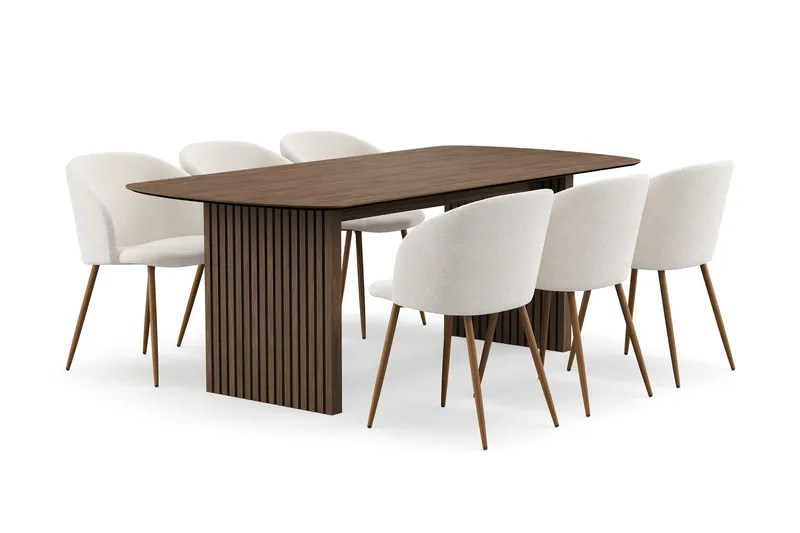 Richeto spisegruppe med 6 Greya spisestoler med armlener - Naturlig finish / hvit bouclé - Møbler - Bord - Spisegruppe