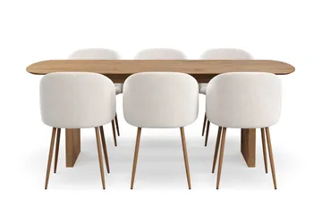 Richeto Spisegruppe med 6 Greya Spisestoler med Armlener - Naturlig Finish/Hvit Bouclé - Møbler - Bord - Spisegruppe