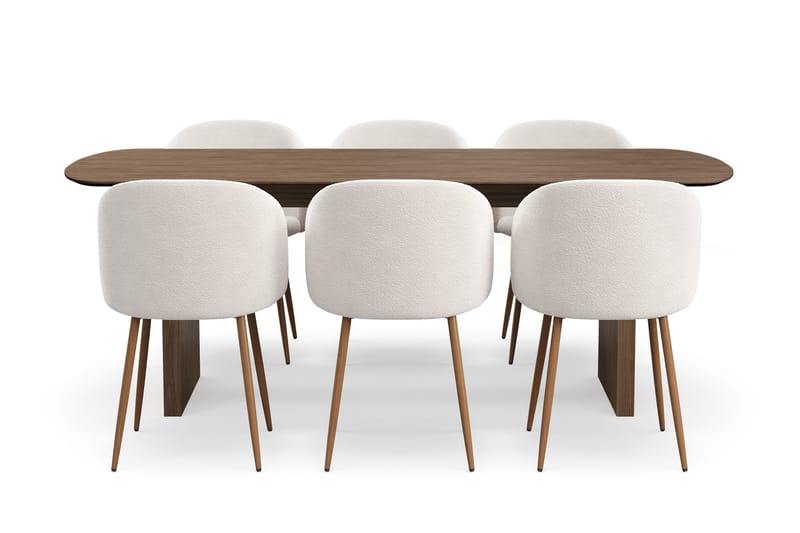 Richeto Spisegruppe med 6 Greya Spisestoler med Armlener, Naturlig Finish/Hvit Bouclé