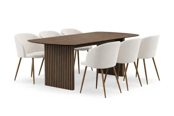 Richeto Spisegruppe med 6 Greya Spisestoler med Armlener - Naturlig Finish/Hvit Bouclé - Møbler - Bord - Spisegruppe