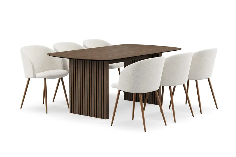 Richeto Spisegruppe med 6 Greya Spisestoler med Armlener - Røkt Eik/Hvit Bouclé - Møbler - Bord - Spisegruppe
