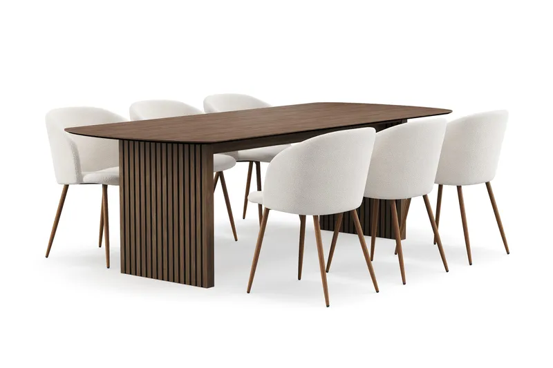 Richeto Spisegruppe med 6 Greya Spisestoler med Armlener - Røkt Eik/Hvit Bouclé - Møbler - Bord - Spisegruppe