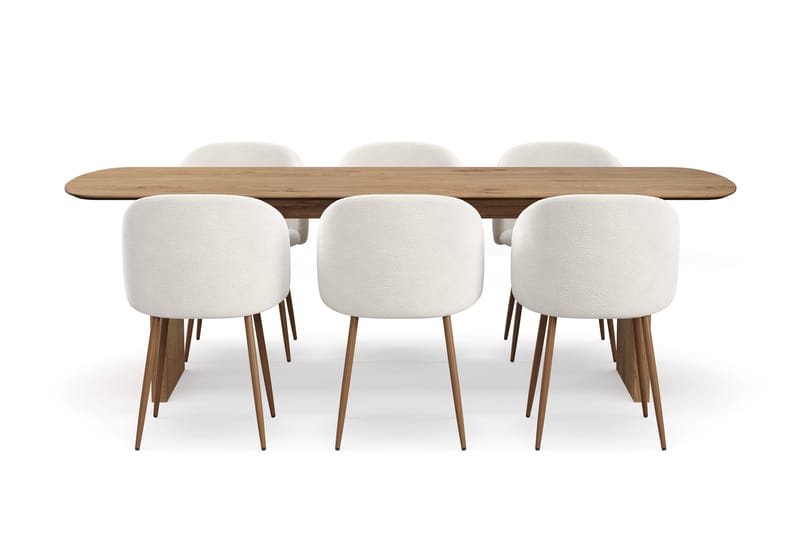 Richeto Spisegruppe med 6 Greya Spisestoler med Armlener, Røkt Eik/Hvit Bouclé