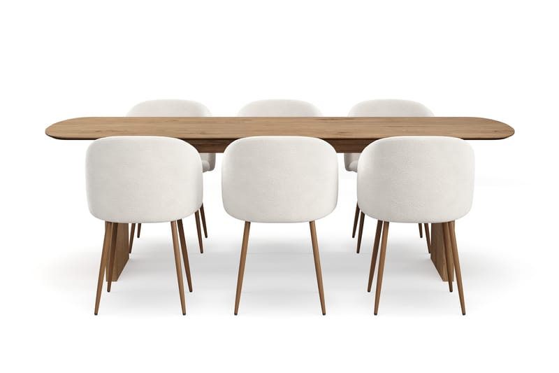 Richeto Spisegruppe med 6 Greya Spisestoler med Armlener, Røkt Eik/Hvit Bouclé