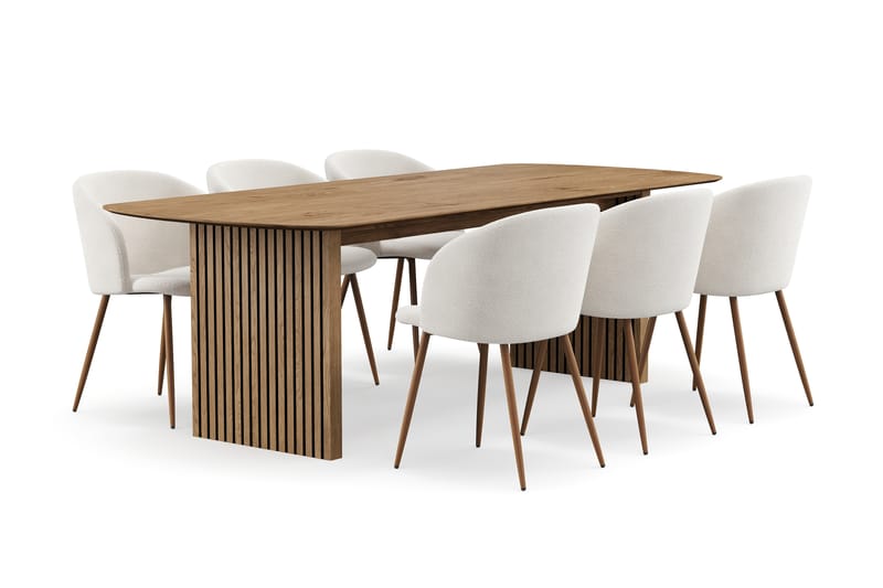 Richeto Spisegruppe med 6 Greya Spisestoler med Armlener - Røkt Eik/Hvit Bouclé - Møbler - Bord - Spisegruppe
