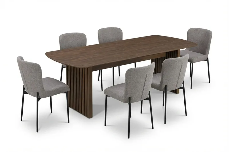 Richeto spisegruppe røkt eik 210 cm med 6 Elsie spisestoler, Røkt eik/lysegrå