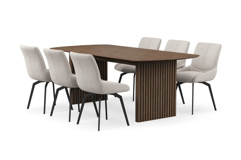 Richeto Spisegruppe Røkt Eik 210 cm med 6 Mora Snurrestoler, Røkt eik/Mørk beige