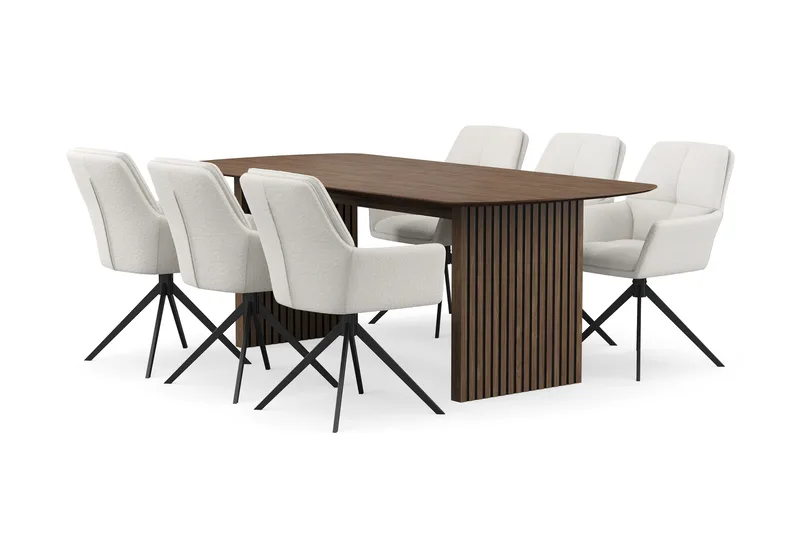 Richeto Spisegruppe Røkt Eik 210 cm med 6 Torsby Snurrestoler, Røkt eik/Lys beige