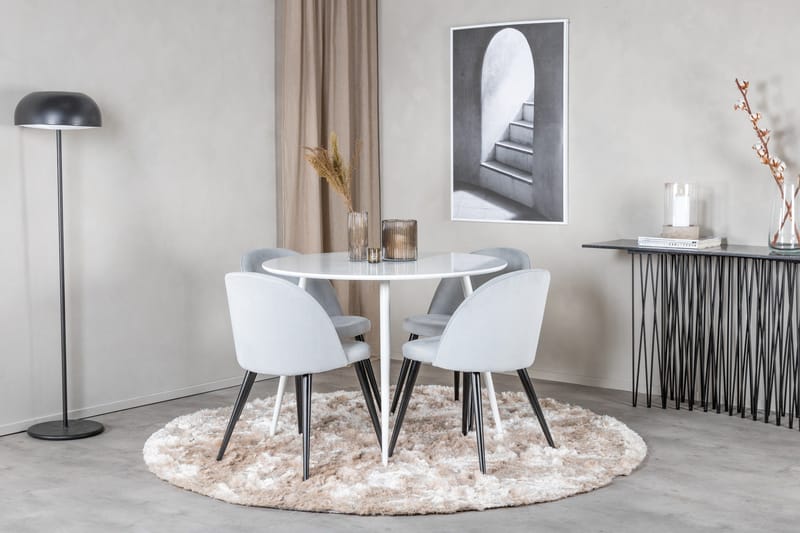 Ridones Spisegruppe 100 cm Rund inkl. 4 Valeri Cordfløyelsto - Hvit/Grå - Møbler - Bord - Spisegruppe