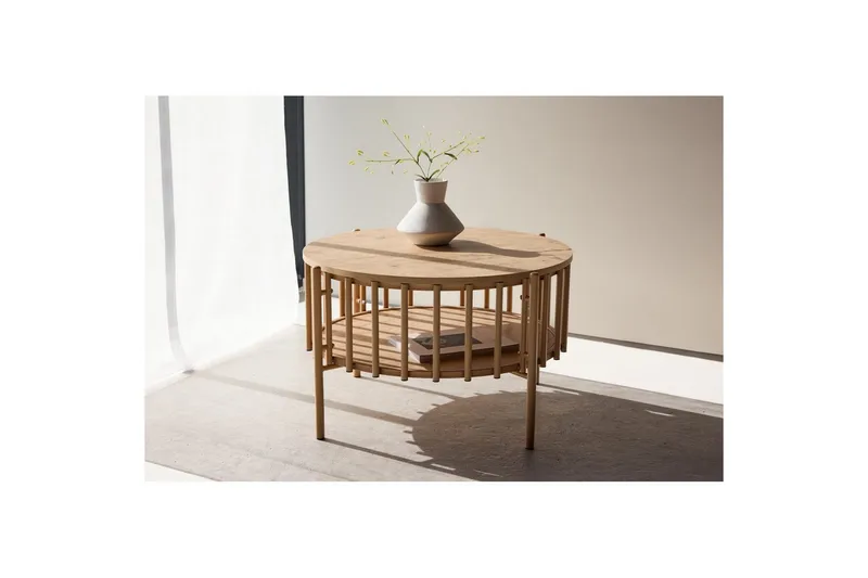 Rubbo Rundt Sofabord 80 cm med Hyller i Tre med Lyst Tre - Beige - Møbler - Bord - Sofabord & salongbord