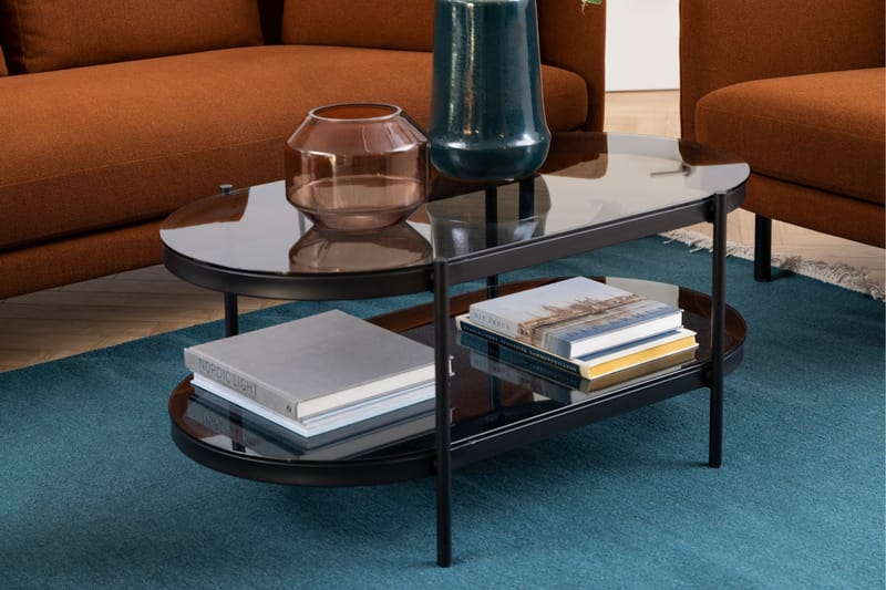 Rutkin 95 cm Ovalt Sofabord med Hylle i Glass - Grå - Møbler - Bord - Sofabord & salongbord