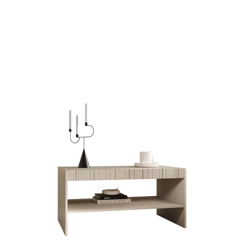 Rynlin Rektangulært Salongbord med Hyller og Rillet Front 100 cm i Tre, Beige