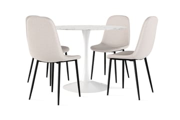 Severo Spisebord 100 cm Rundt hvit base + 4 stk Naira stol beige med svarte ben - Hvit/Beige - Møbler - Bord - Spisegruppe
