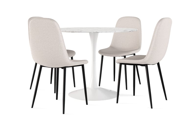 Severo Spisebord 100 cm Rundt hvit base + 4 stk Naira stol beige med svarte ben, Hvit/Beige