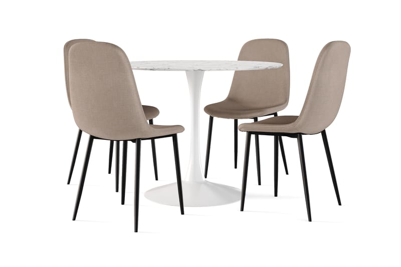 Severo Spisebord 100 cm Rundt hvit base + 4 stk Naira stol brun med svarte ben, Hvit/Brun