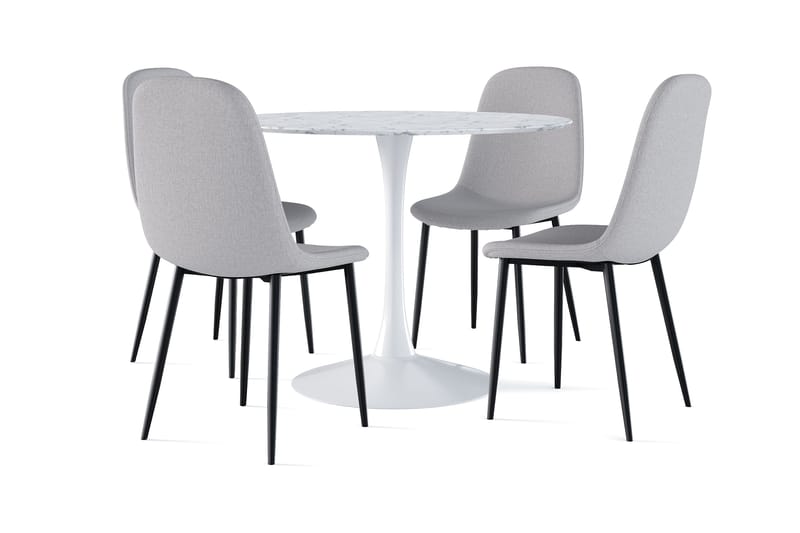 Severo Spisebord 100 cm Rundt hvit base + 4 stk Naira stol grå med svarte ben, Hvit/Grå
