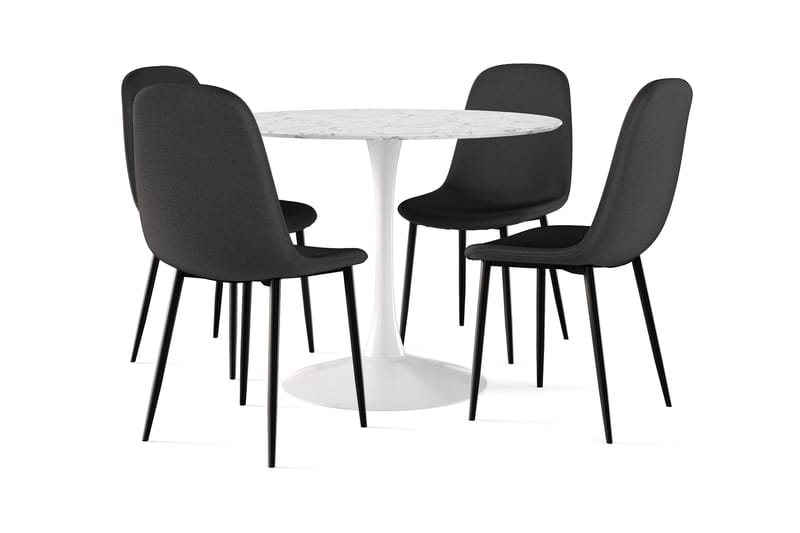 Severo Spisebord 100 cm Rundt hvit base + 4 stk Naira stol svart med svarte ben, Hvit/Svart