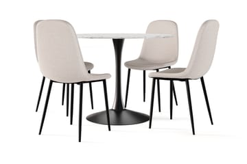 Severo Spisebord 100 cm Rundt Svart base + 4 stk Naira stol beige med svarte ben - Hvit/Svart/Beige - Møbler - Bord - Spisegruppe