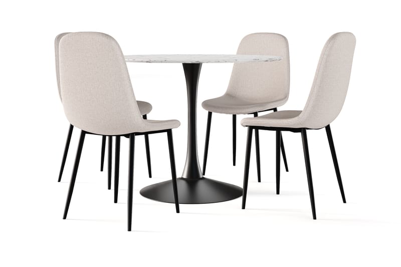 Severo Spisebord 100 cm Rundt Svart base + 4 stk Naira stol beige med svarte ben, Hvit/Svart/Beige