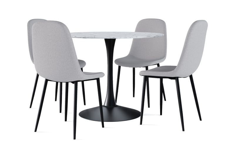 Severo Spisebord 100 cm Rundt Svart base + 4 stk Naira stol grå med svarte ben, Hvit/Svart/Grå