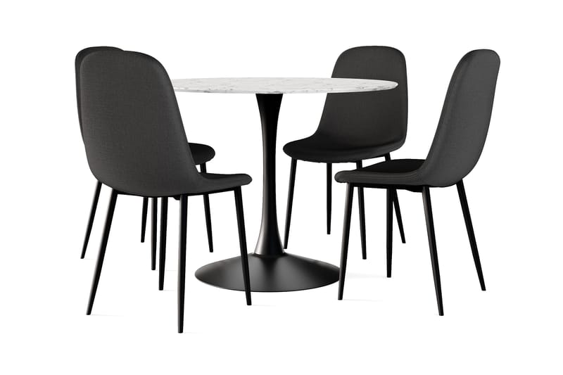 Severo Spisebord 100 cm Rundt Svart base + 4 stk Naira stol svart med svarte ben, Hvit/Svart