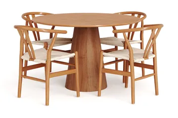 Siena Rundt Spisegruppe 110 cm – Spisebord med 4 Dastoori Spisestoler i Tre med Eketre-utseende - Natur - Møbler - Bord - Spisegruppe
