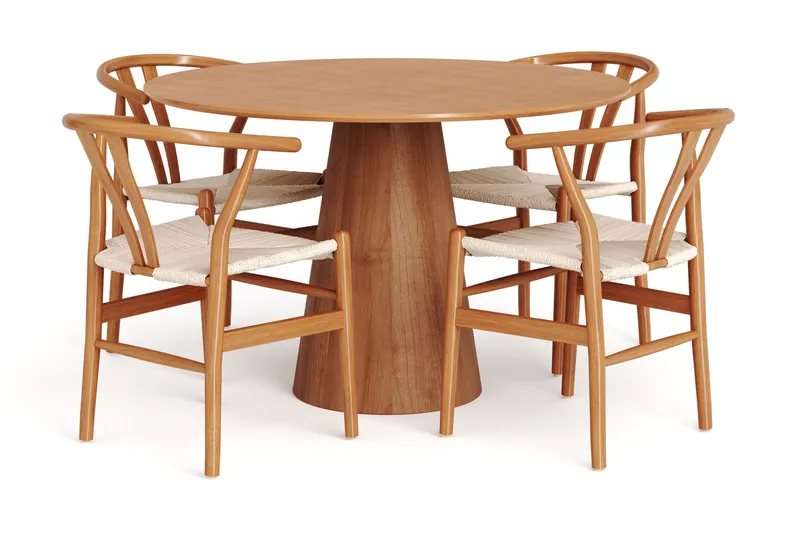 Siena Rundt Spisegruppe 110 cm – Spisebord med 4 Dastoori Spisestoler i Tre med Eketre-utseende, Natur