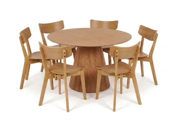 Siena Rundt Spisegruppe 130 cm – Spisebord med 6 Amelia Spisestoler i Tre med Eikeutseende - Natur - Møbler - Bord - Spisegruppe