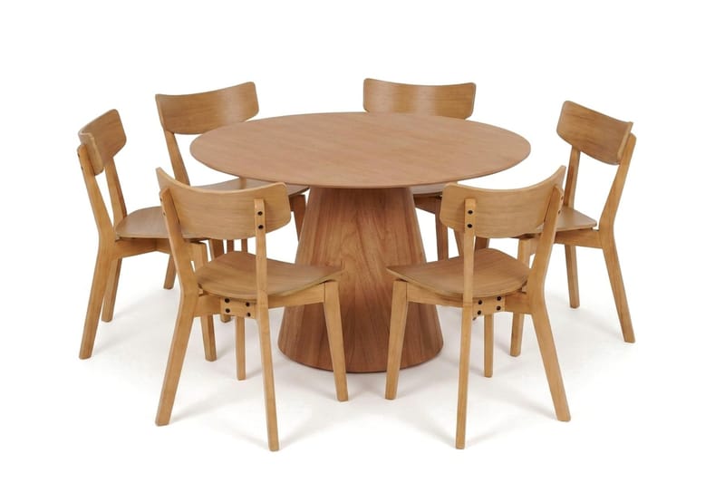 Siena Rundt Spisegruppe 130 cm – Spisebord med 6 Amelia Spisestoler i Tre med Eikeutseende - Natur - Møbler - Bord - Spisegruppe