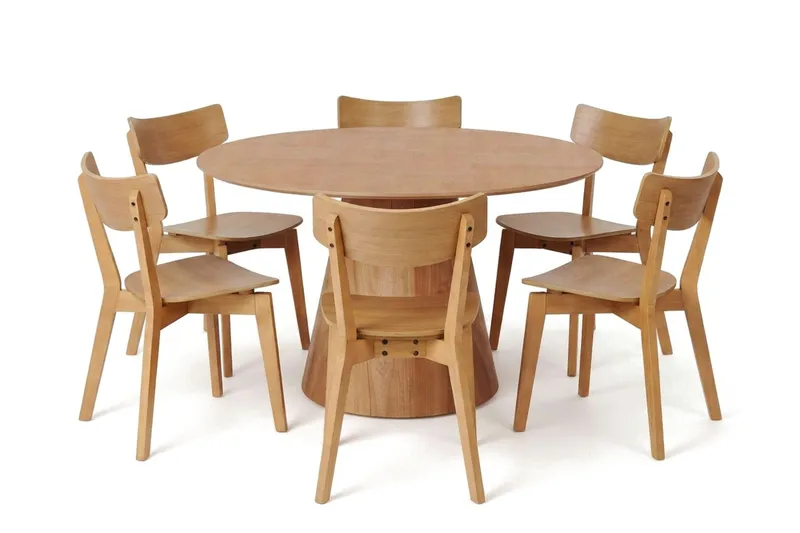 Siena Rundt Spisegruppe 130 cm – Spisebord med 6 Amelia Spisestoler i Tre med Eikeutseende, Natur
