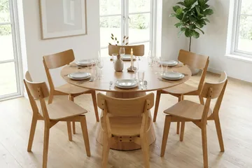 Siena Rundt Spisegruppe 130 cm – Spisebord med 6 Amelia Spisestoler i Tre med Eikeutseende - Natur - Møbler - Bord - Spisegruppe