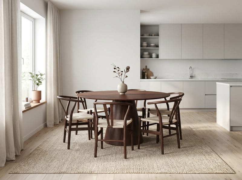 Siena Rundt Spisegruppe 150 cm – Spisebord med 6 Dastoori Spisestoler i Tre med Valnøttutseende - Brun - Møbler - Bord - Spisegruppe