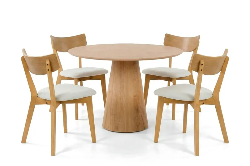 Siena spisegruppe 110 cm rund i eik med 4 Amelia spisestoler med pute, Eik/Beige