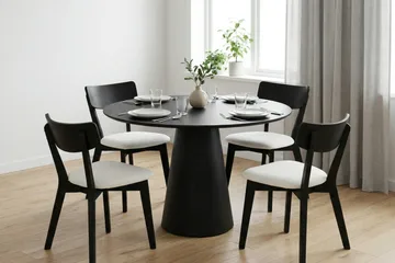 Siena spisegruppe 110 cm rund i svart med 4 Amelia spisestoler med pute - Svart/Beige - Møbler - Bord - Spisegruppe