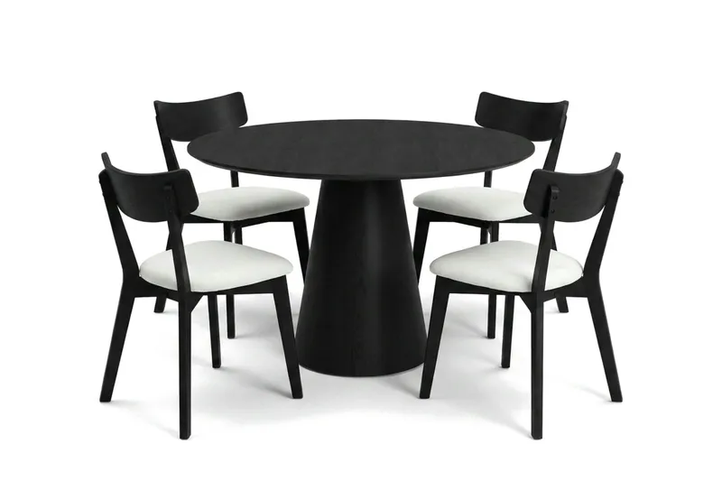 Siena spisegruppe 110 cm rund i svart med 4 Amelia spisestoler med pute, Svart/Beige