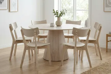 Siena Spisegruppe 130 cm rund hvitlasert med 6 Amelia spisestoler - Hvitlasert - Møbler - Bord - Spisegruppe