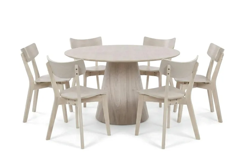 Siena Spisegruppe 130 cm rund hvitlasert med 6 Amelia spisestoler, Hvitlasert