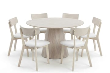 Siena spisegruppe 130 cm rund hvitlasert med 6 Amelia spisestoler med pute - Hvitlasert/Beige - Møbler - Bord - Spisegruppe