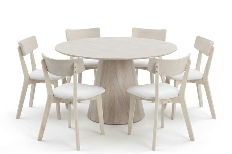 Siena spisegruppe 130 cm rund hvitlasert med 6 Amelia spisestoler med pute - Hvitlasert/Beige - Møbler - Bord - Spisegruppe