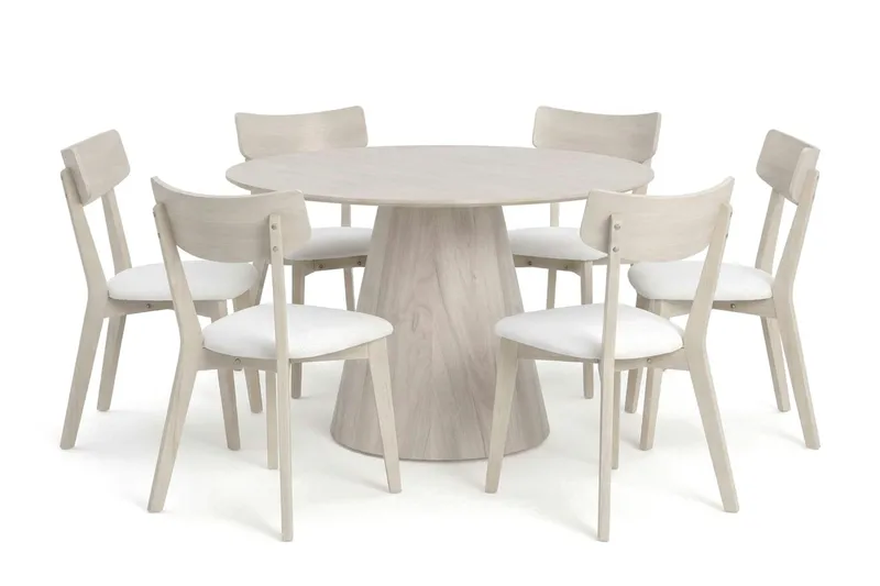 Siena spisegruppe 130 cm rund hvitlasert med 6 Amelia spisestoler med pute, Hvitlasert/Beige