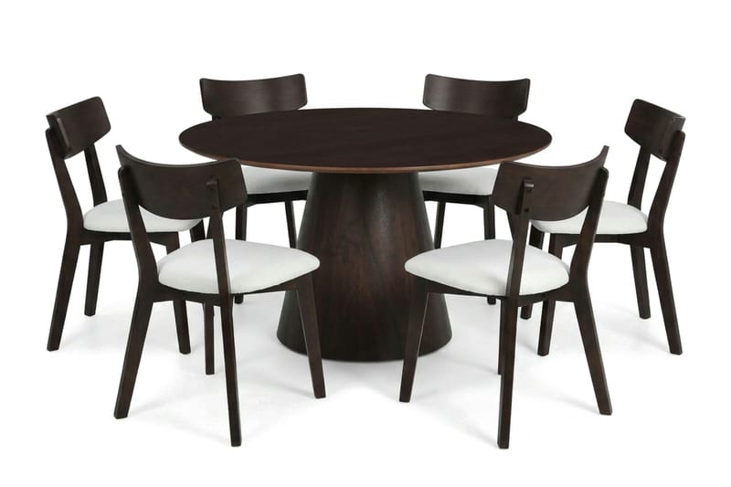 Siena spisegruppe 130 cm rund i røkt eik med 6 Amelia spisestoler med pute, Røkt eik/Beige