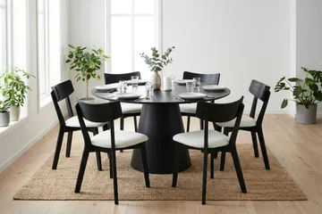 Siena spisegruppe 130 cm rund i svart med 6 Amelia spisestoler med pute - Svart/Beige - Møbler - Bord - Spisegruppe