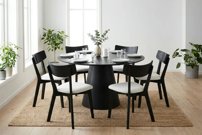 Siena spisegruppe 130 cm rund i svart med 6 Amelia spisestoler med pute - Svart/Beige - Møbler - Bord - Spisegruppe